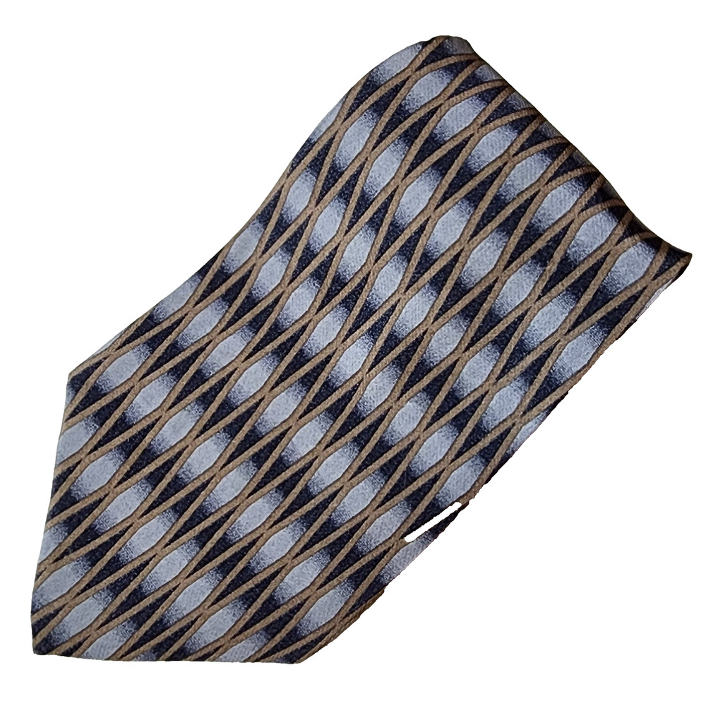 John Henry Blue Brown Geometric Necktie 100% Silk 3.5"x 57" Vintage